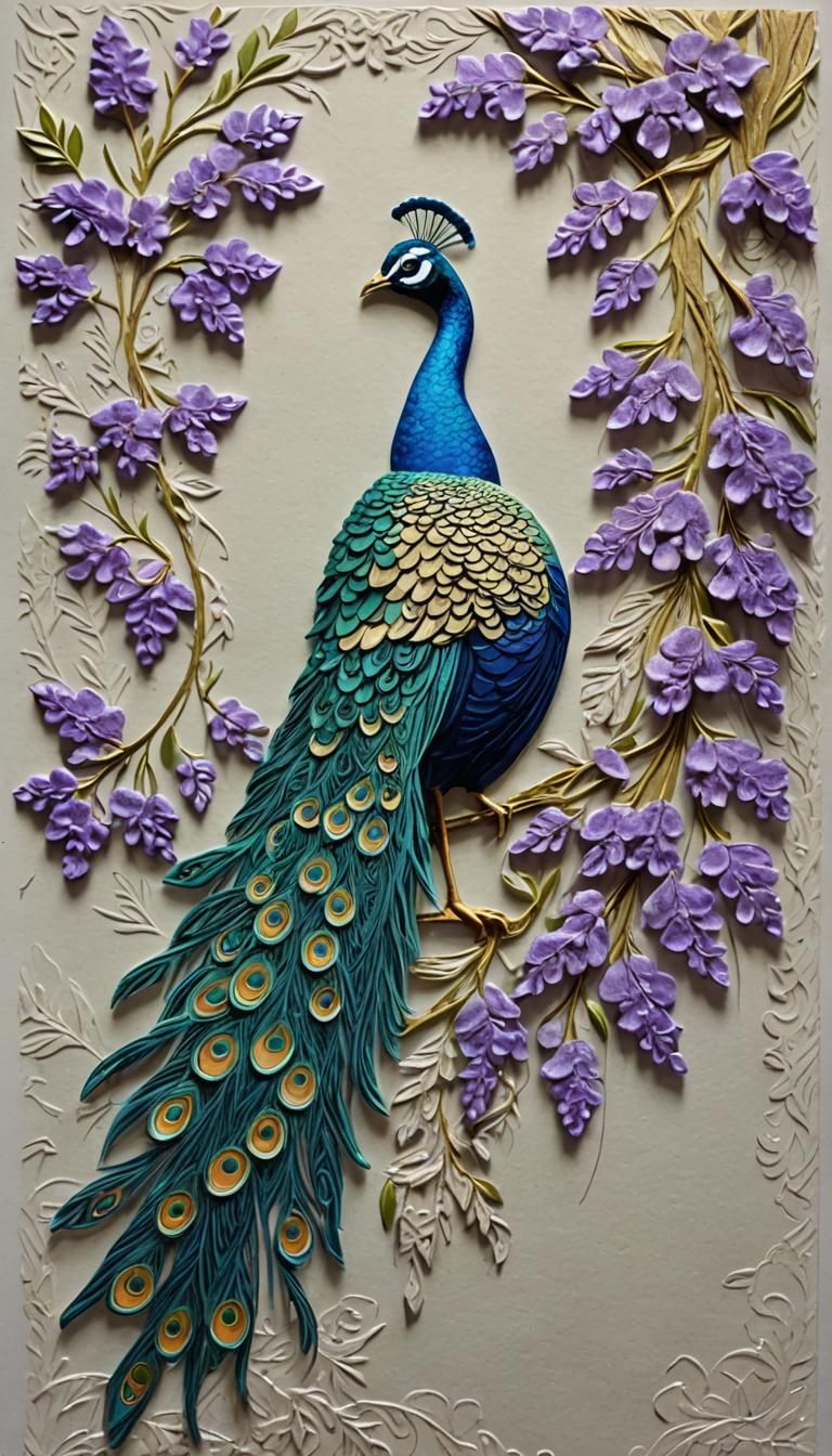 Embossed Peacock and Wisteria on Textured Paper