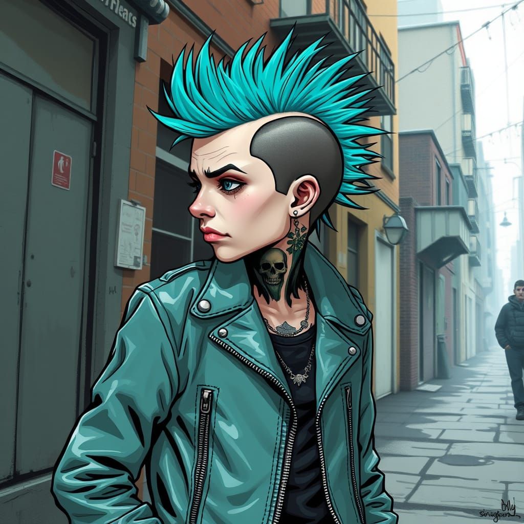 Punk Teen with Turquoise Mohawk in Urban Setting
