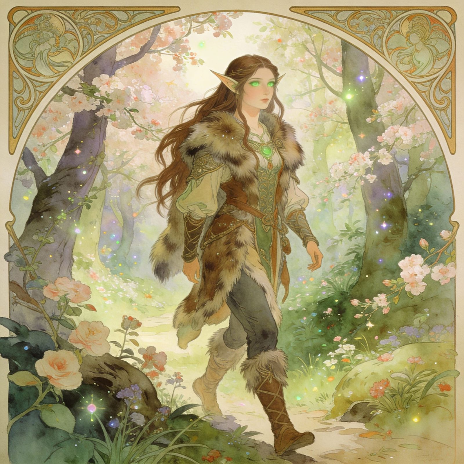 Elf in Fantasy Spring Forest, Romanesque Style Illustration