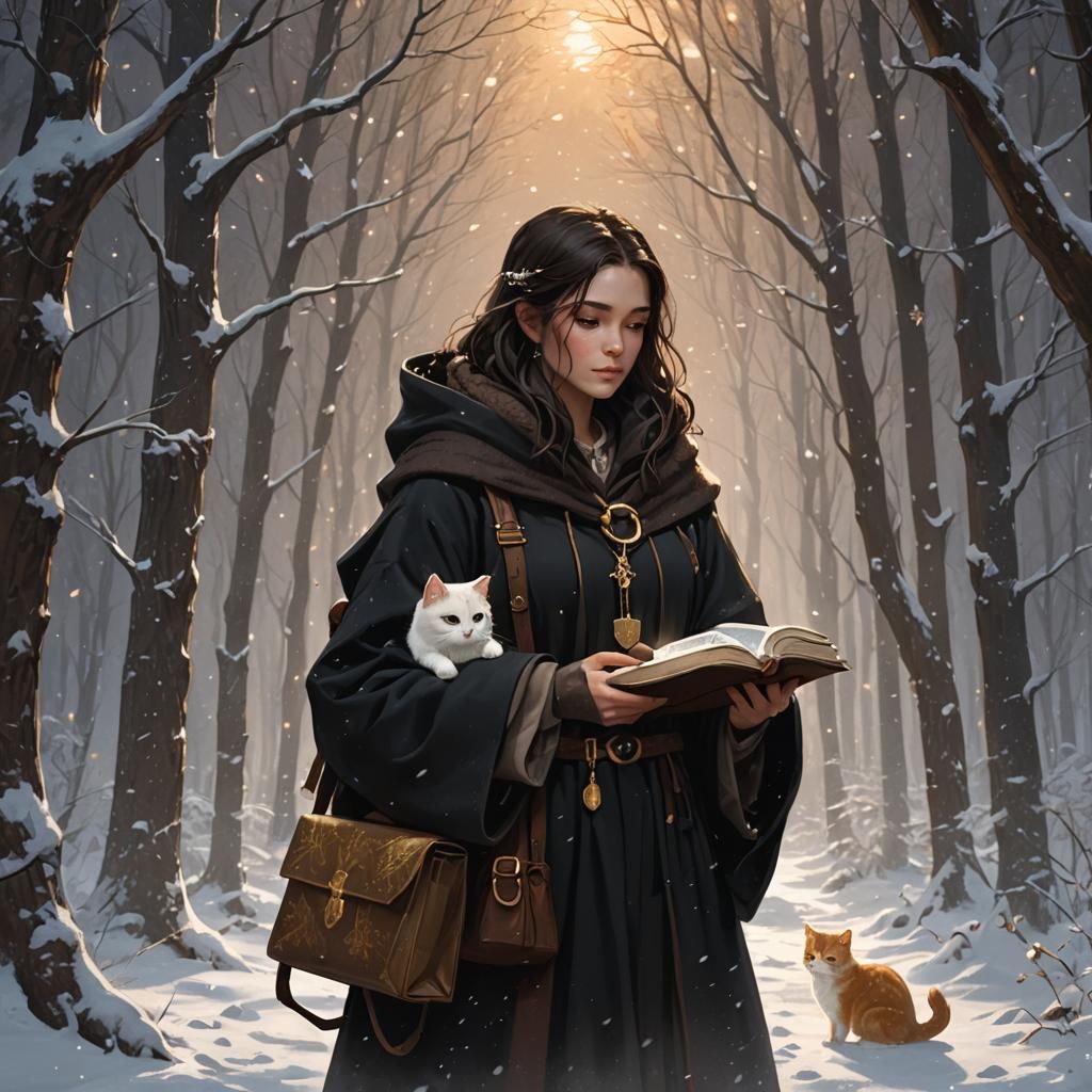 Girl with Cat in Snowy Forest, Dark Fantasy Art