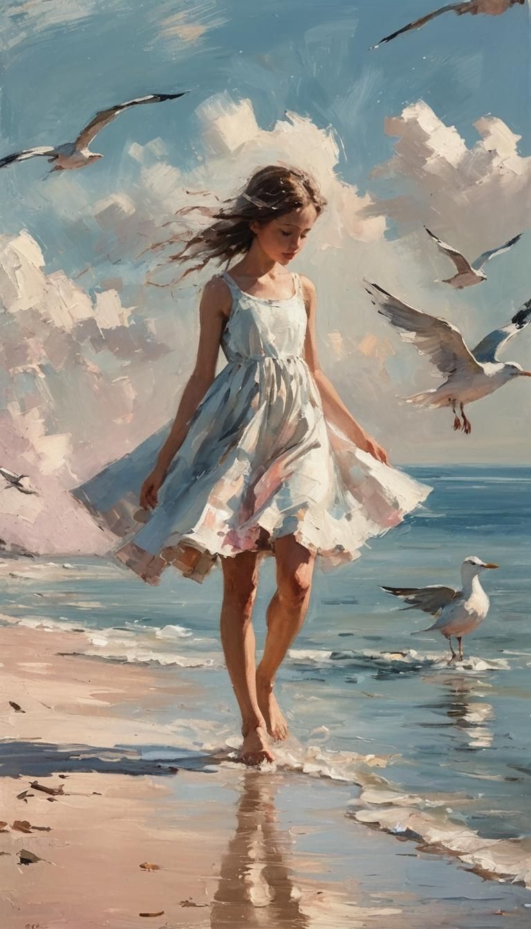 Girl Strolling on Beach in Impressionist Style