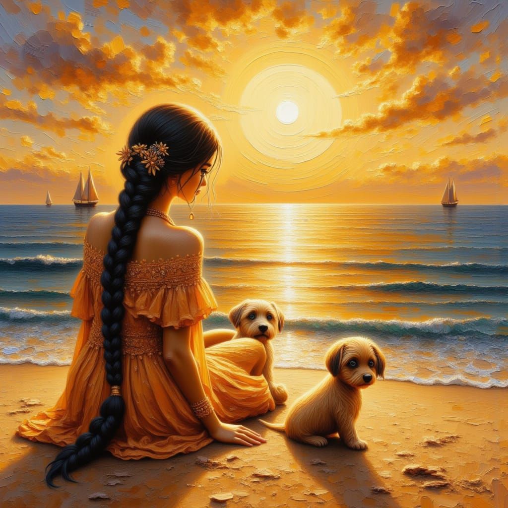 Girl and Puppy Enjoy Mystical Beach Sunset