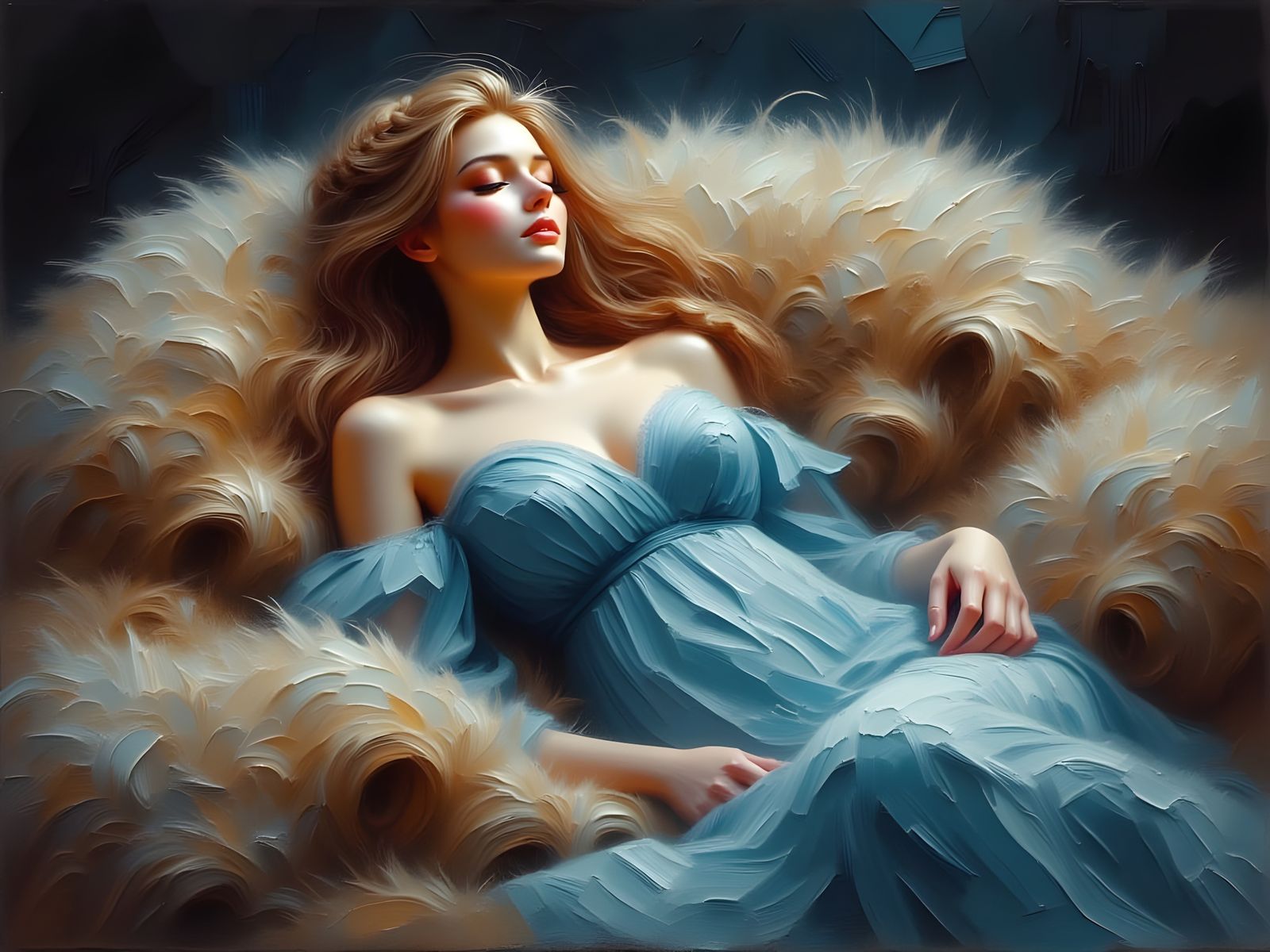 Norse Goddess Reclining in Warm Furs, Oil Painting Style