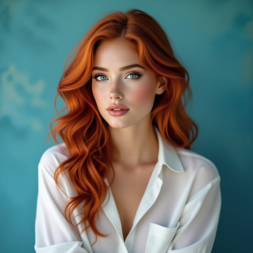Ethereal Red-Haired Woman in Blue Hues