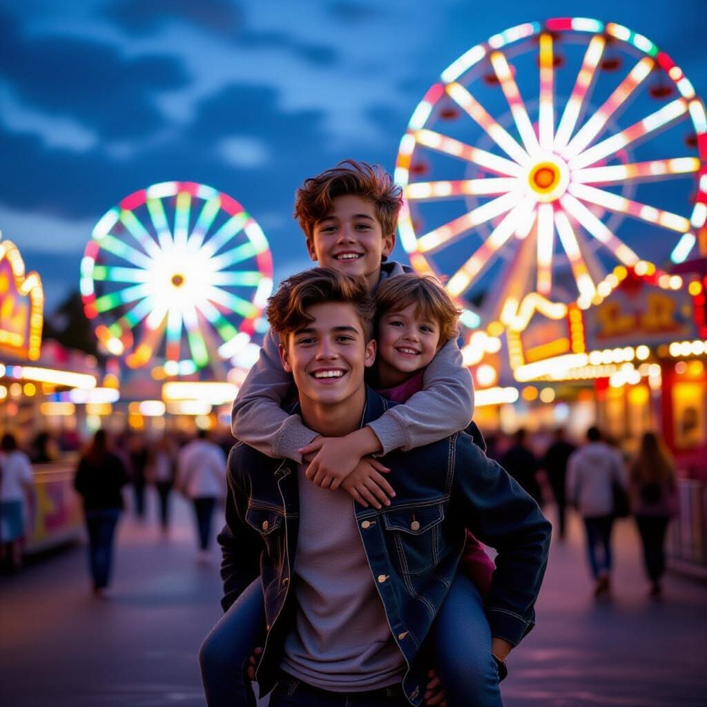 Teenage Boy and Child in Amusement Park at Twilight