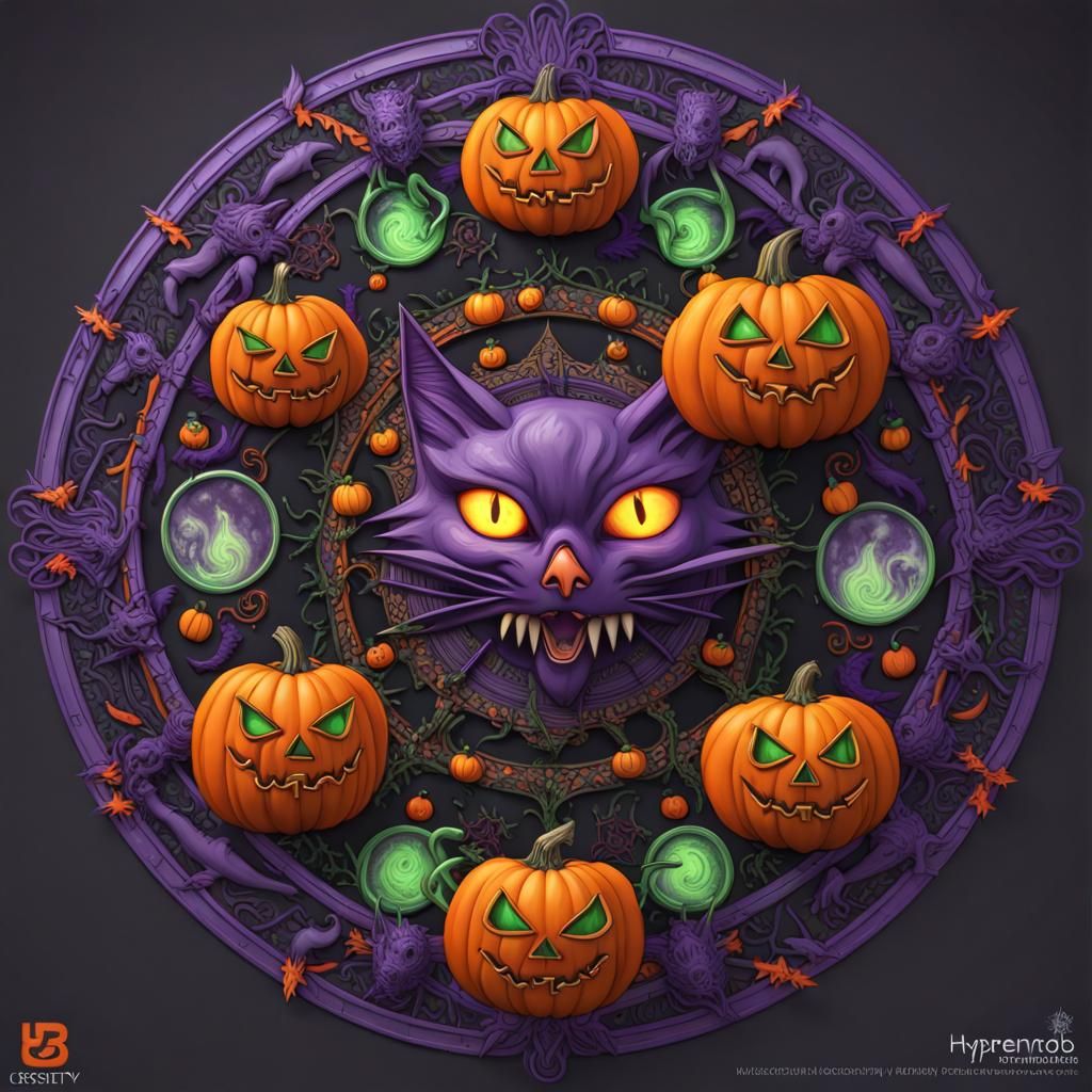 Halloween Mandala Art with Pumpkins and Bats