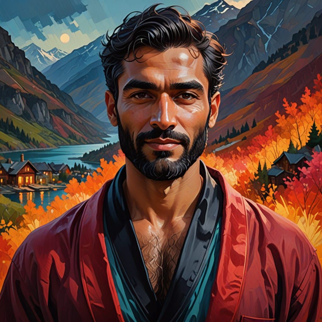 Proud Man in Red Robe, Impasto Oil Painting