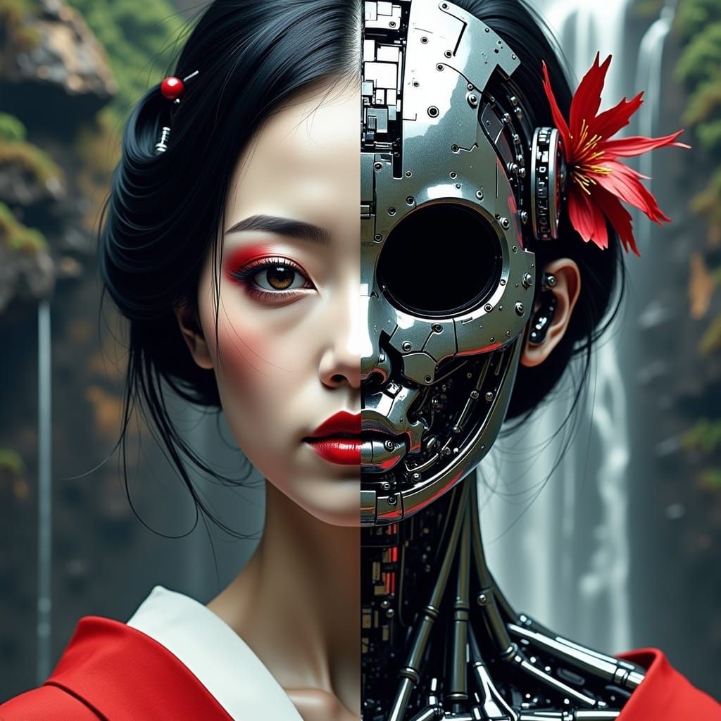 Geisha Cyborg Portrait with Waterfall in Glitch Art