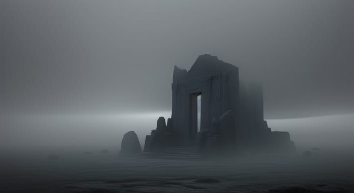 Mysterious Ancient Monolith in Foggy Landscape