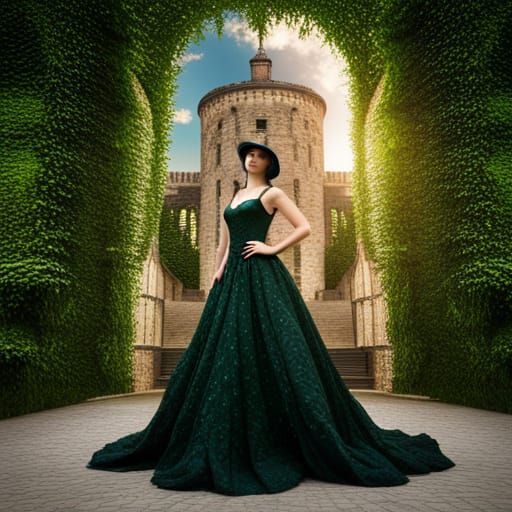 Vine-Covered Castle with Girl and Steampunk Engine