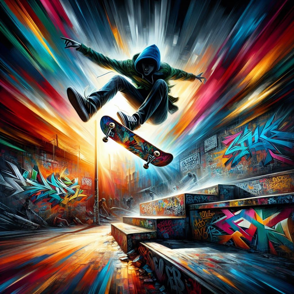 Art by Shepard Fairey, skateboarder mid-kickflip, urban back...