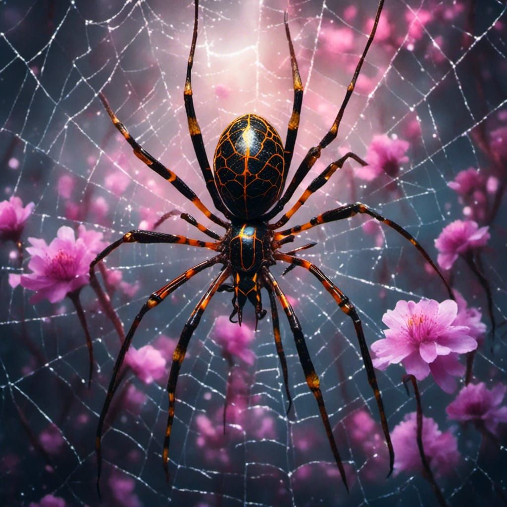 Golden Orb Weaver Spider on Web in Dreamy Style