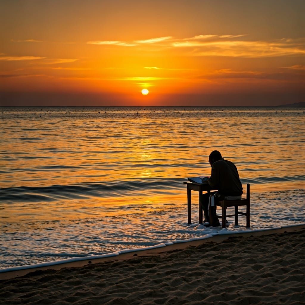 Serene Beach Study: Sunset Reflections on Sacred Texts