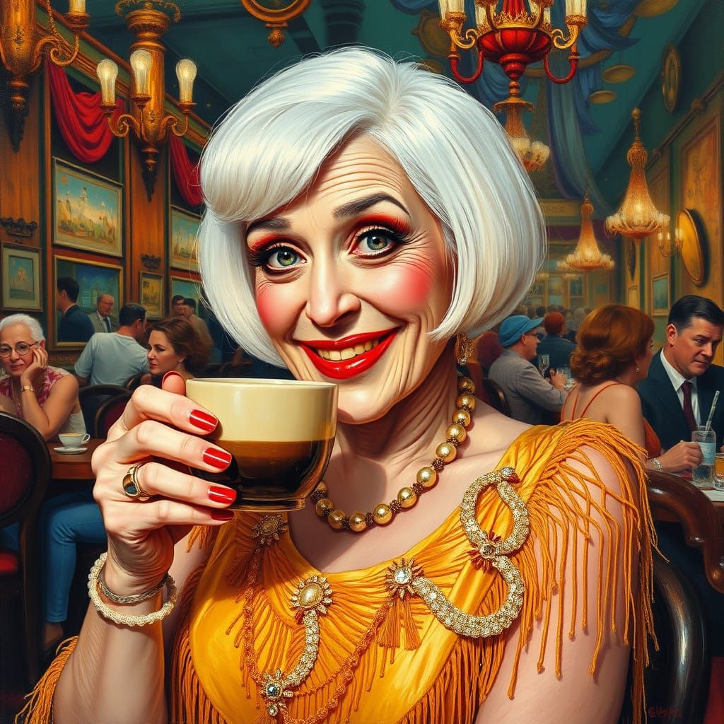 Vintage Flapper Transvestite Sips Coffee with Confidence