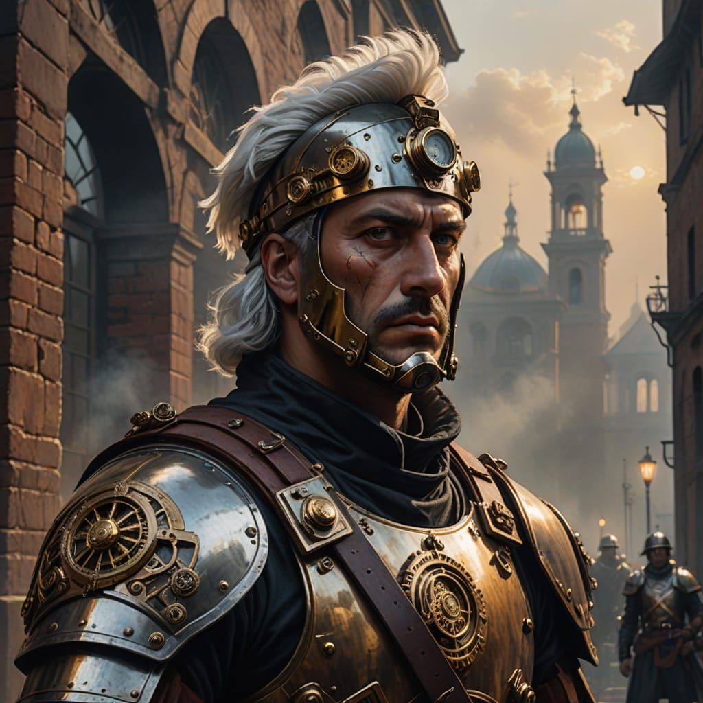 Steampunk Legionnaire in Renaissance Cityscape
