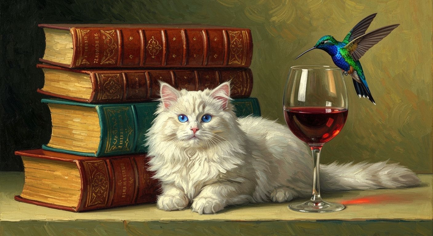 Still Life with Kitten, Books, and Wine in Van Gogh Style