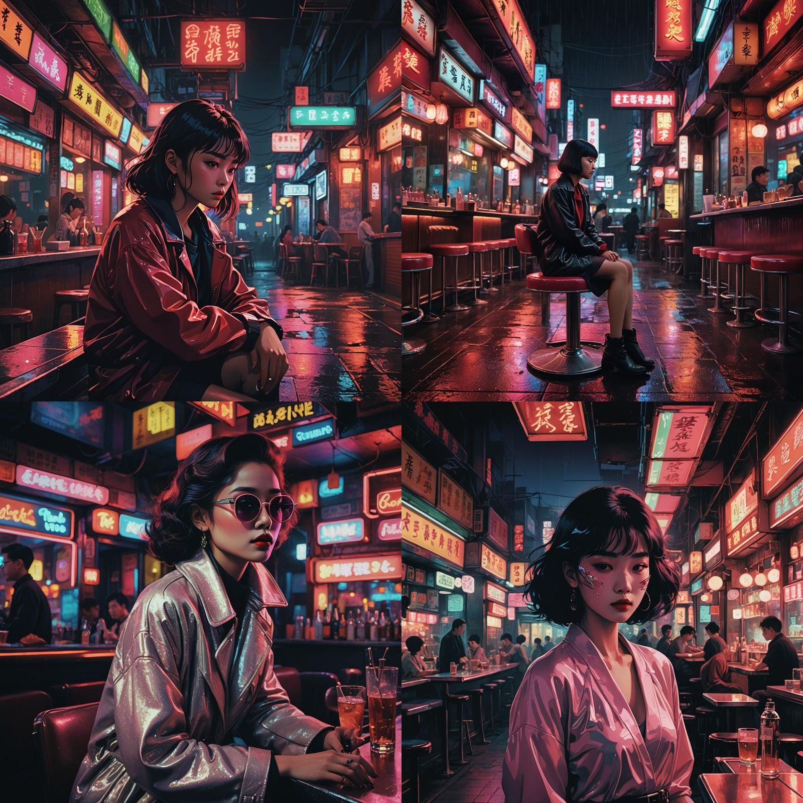 Lonely Anime Woman in Neon Bar, Wong Kar Wai Style