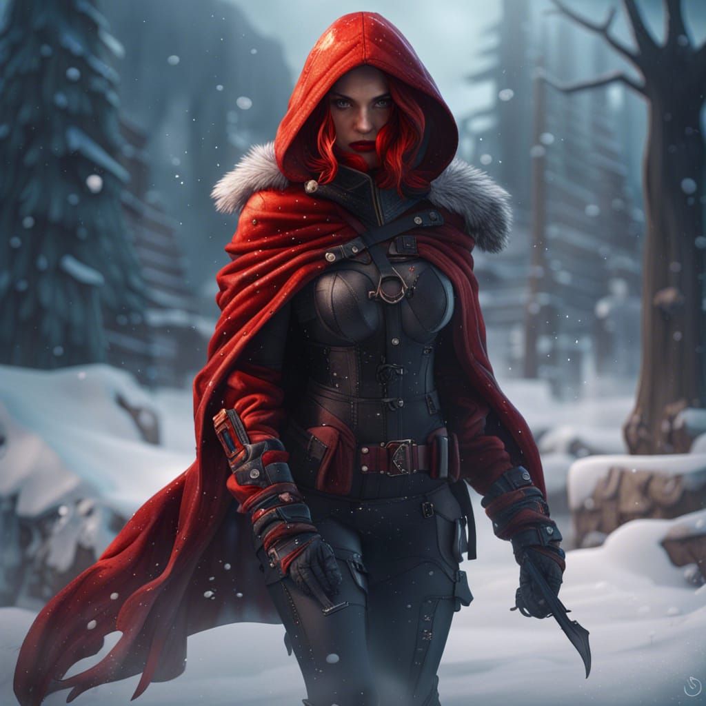 Red Hood Girl in Snow: Detailed Matte Painting