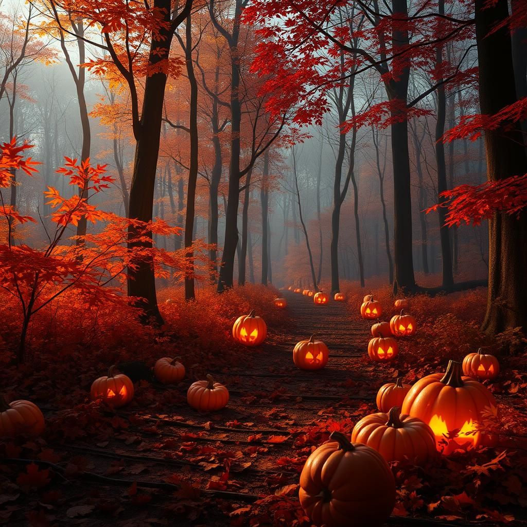 October Forest with Pumpkins in Fantasy Style