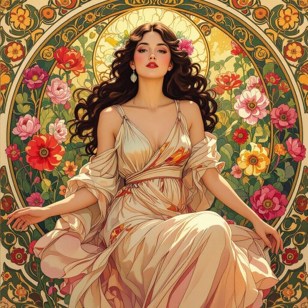 Woman in Silk Dress with Flowers, Art Nouveau Style