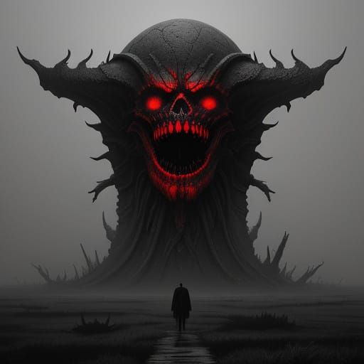 Surreal Meta Nightmare Concept Art in Grayscale with Red Acc...