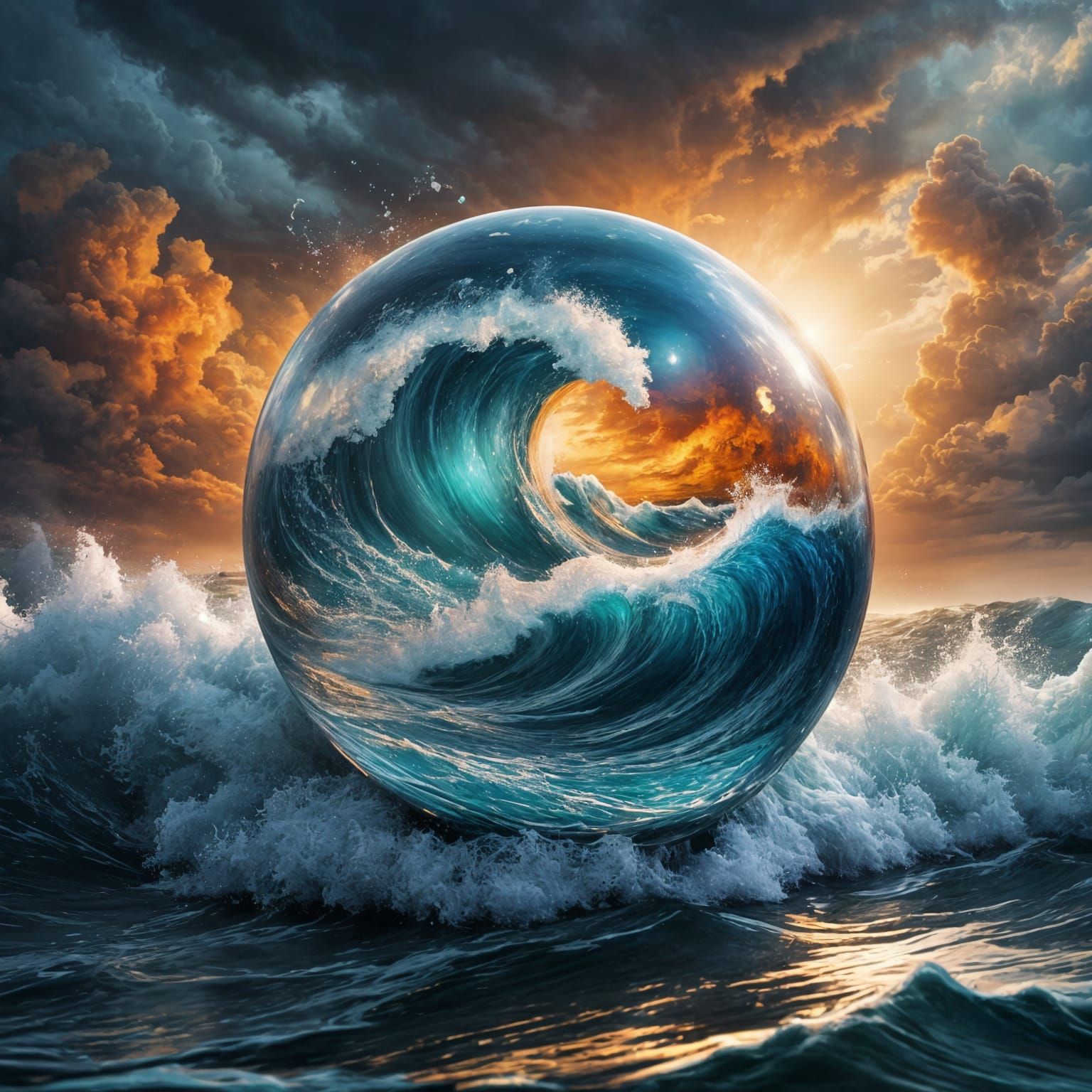 Stormy Sea Inside Glass Orb: Digital Art