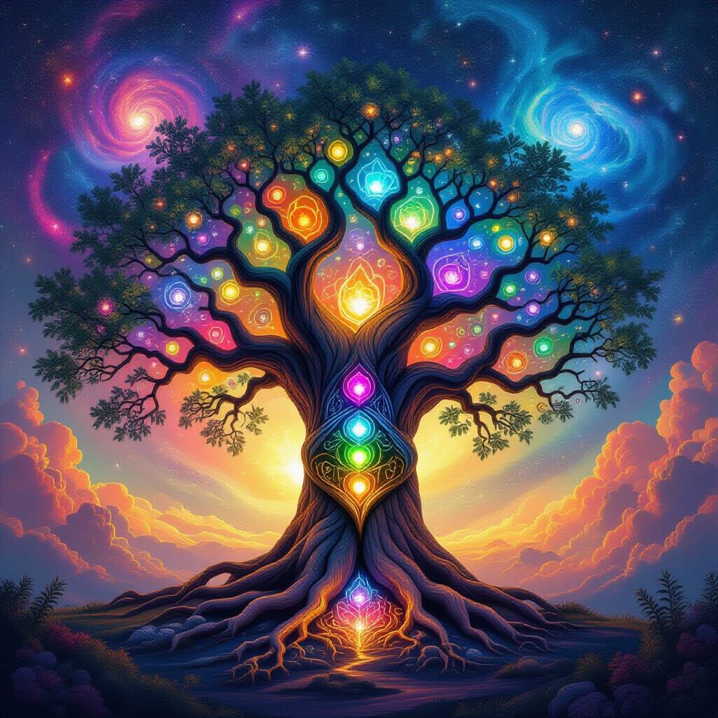 Cosmic Tree of Life with Chakra Crystals in Nebula