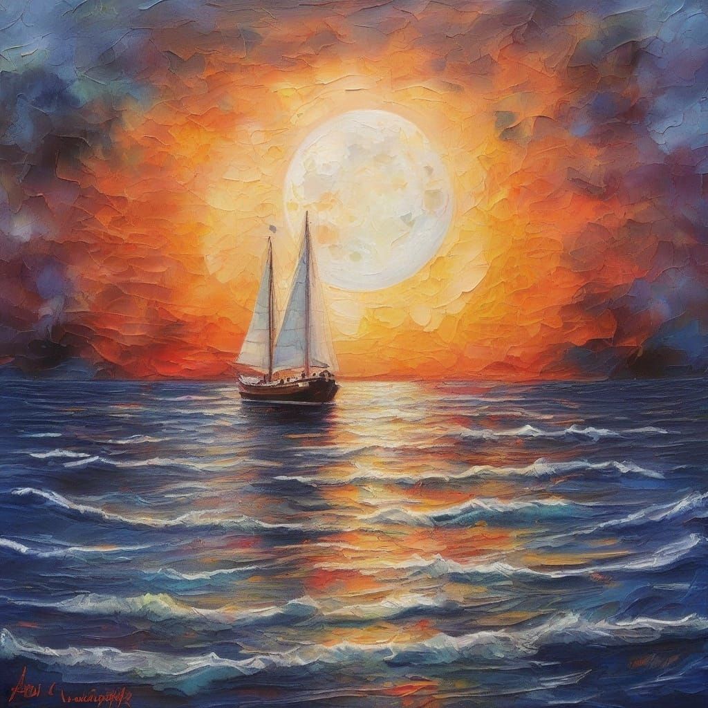 Impasto Sunset Masterpiece with Sailboat and Full Moon