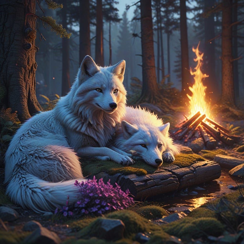Princess and Polar Fox Slumber in Golden Forest