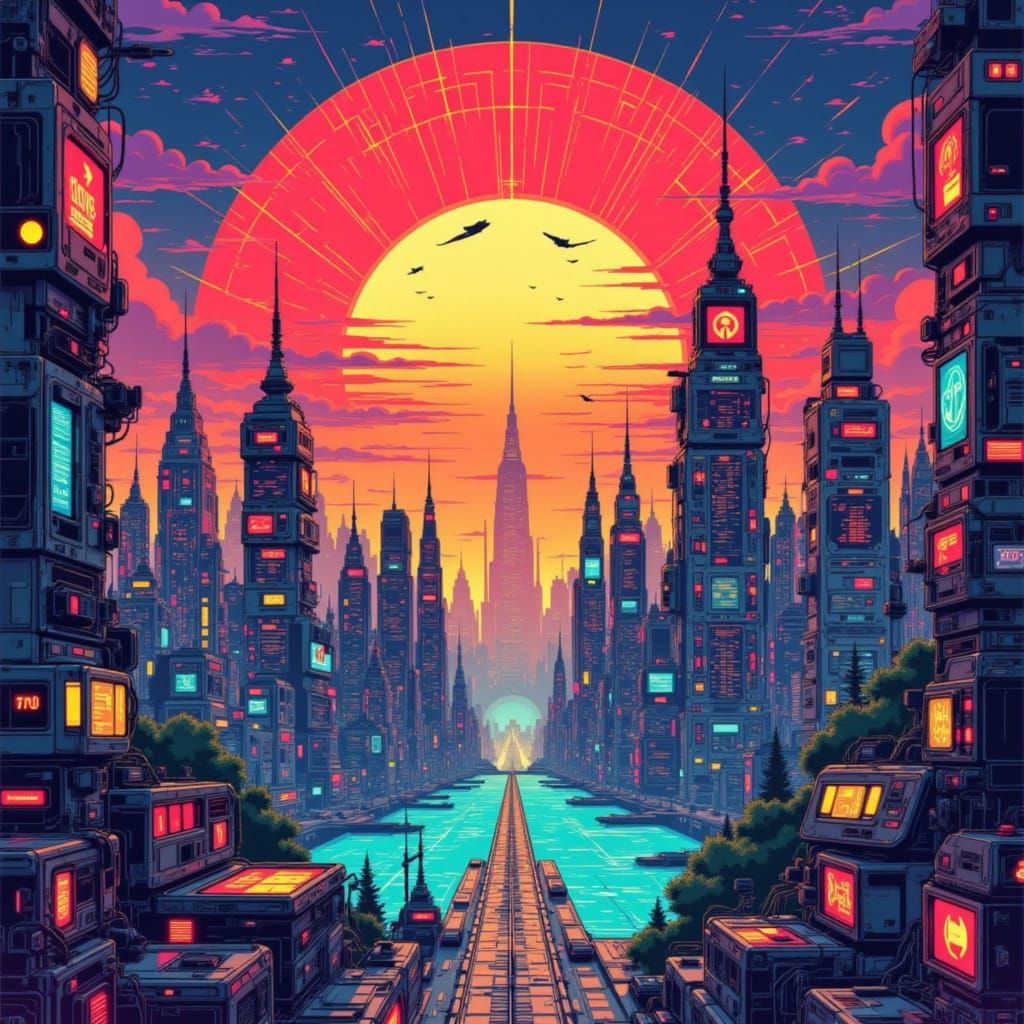 Teslapunk Metropolis Sunset in Glitchcore Style
