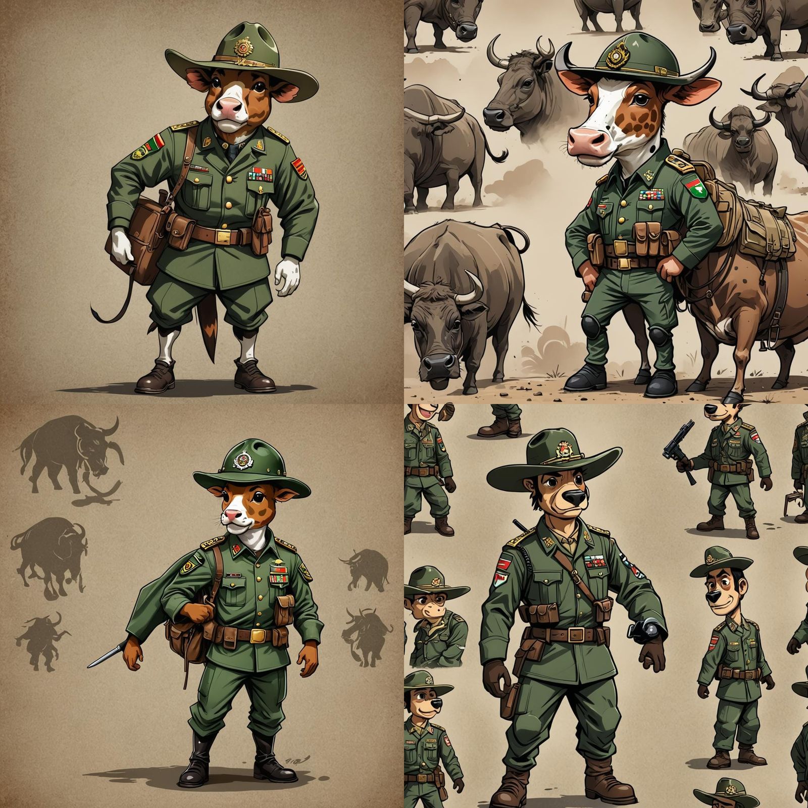 Cartoon Cow General Saluting, Anime Style