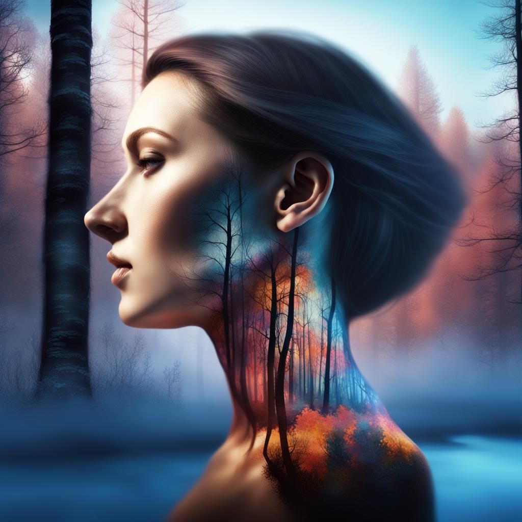 Woman with Forest Projection Double Exposure Art
