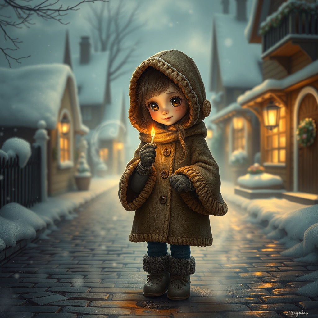 Young Match Girl in Whimsical Winter Wonderland