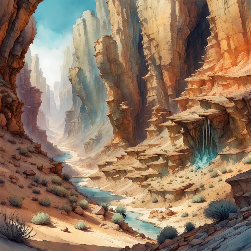 Desert Canyon: Detailed Watercolour Fantasy Art