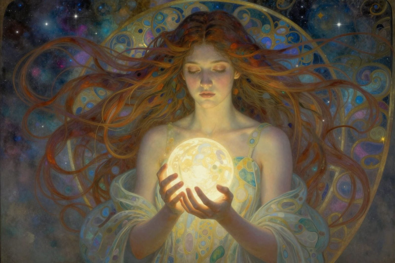 Ethereal Woman Holds Hope Orb in Cosmic Dreamscape