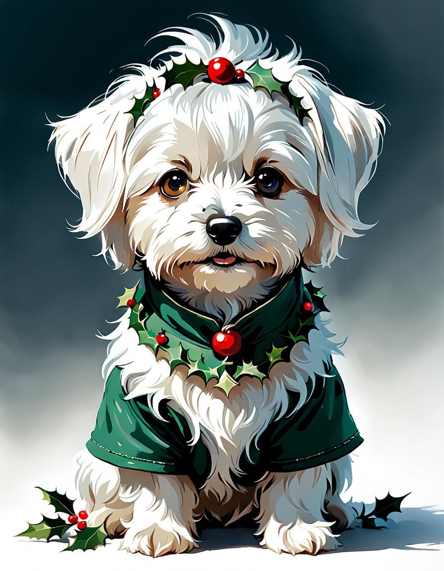 Charming White Havanese Dog in Holly Outfit