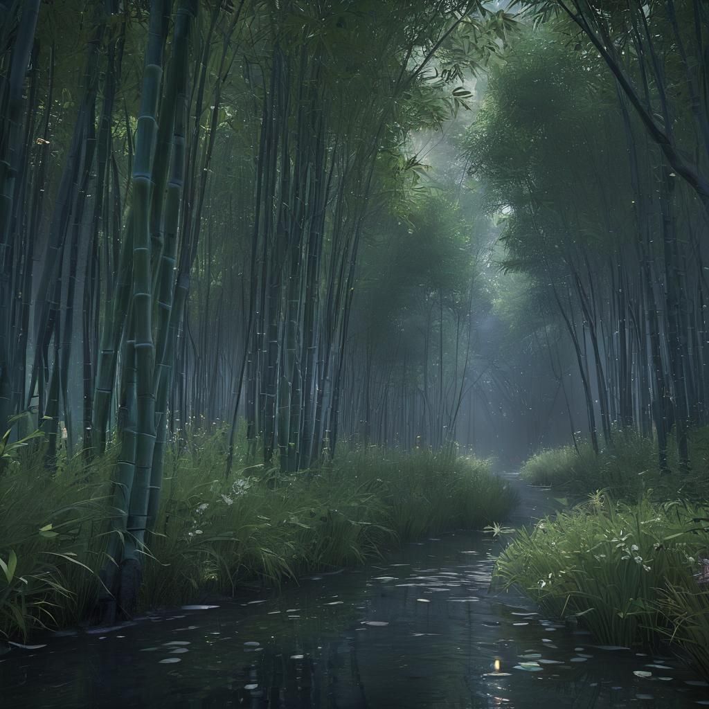 Moonlit Bamboo Forest with Holographic Lights