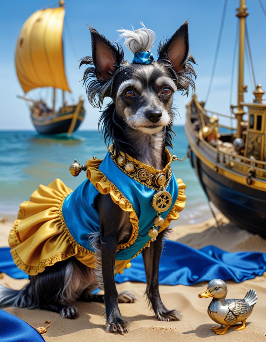 Steampunk Beach Vacation with Dog in Silk Dress