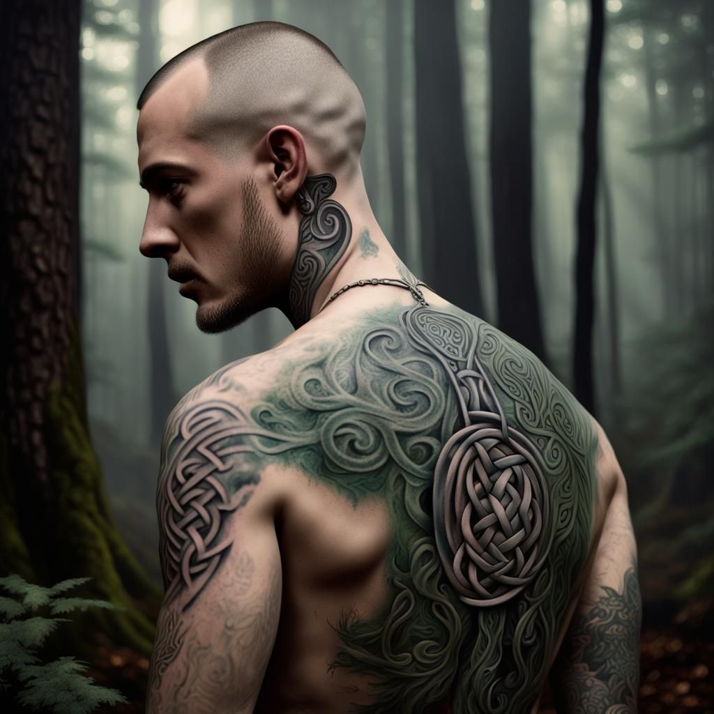 Celtic Skinhead in Mystical Forest as Oil Painting