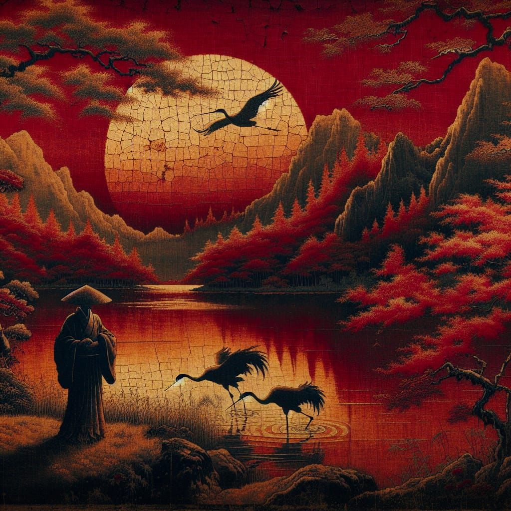 Vintage Japanese Tapestry of Autumn Sunset