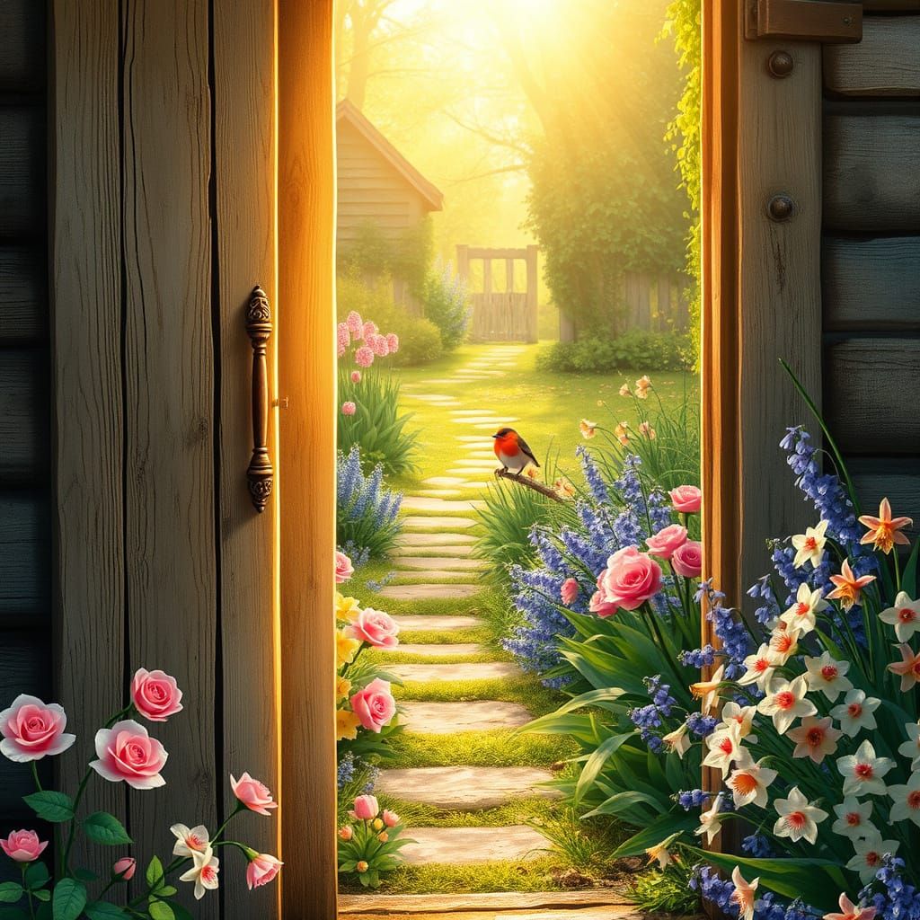 A detailed, highly detailed, painterly, and realistic image of a rustic wooden door, ajar, revealing a sunlit garden pat...