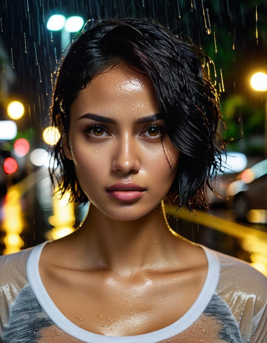 Indonesian Woman in Heavy Rain at Night