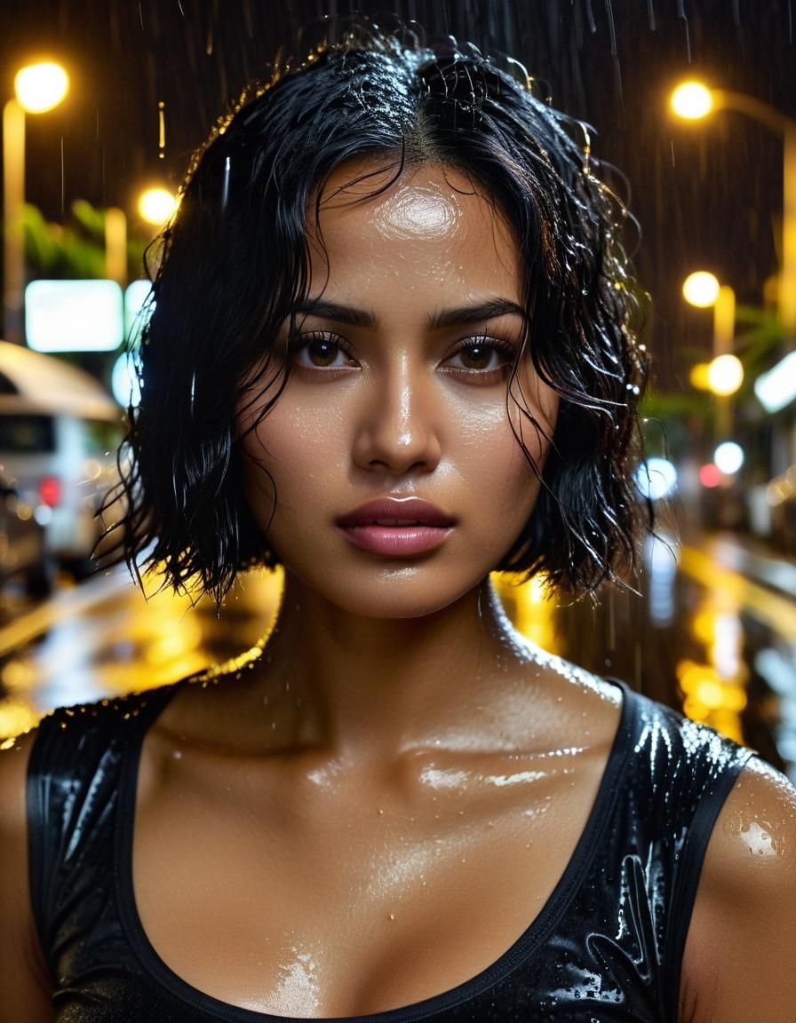 Indonesian Woman Caught in Tropical Rain at Night