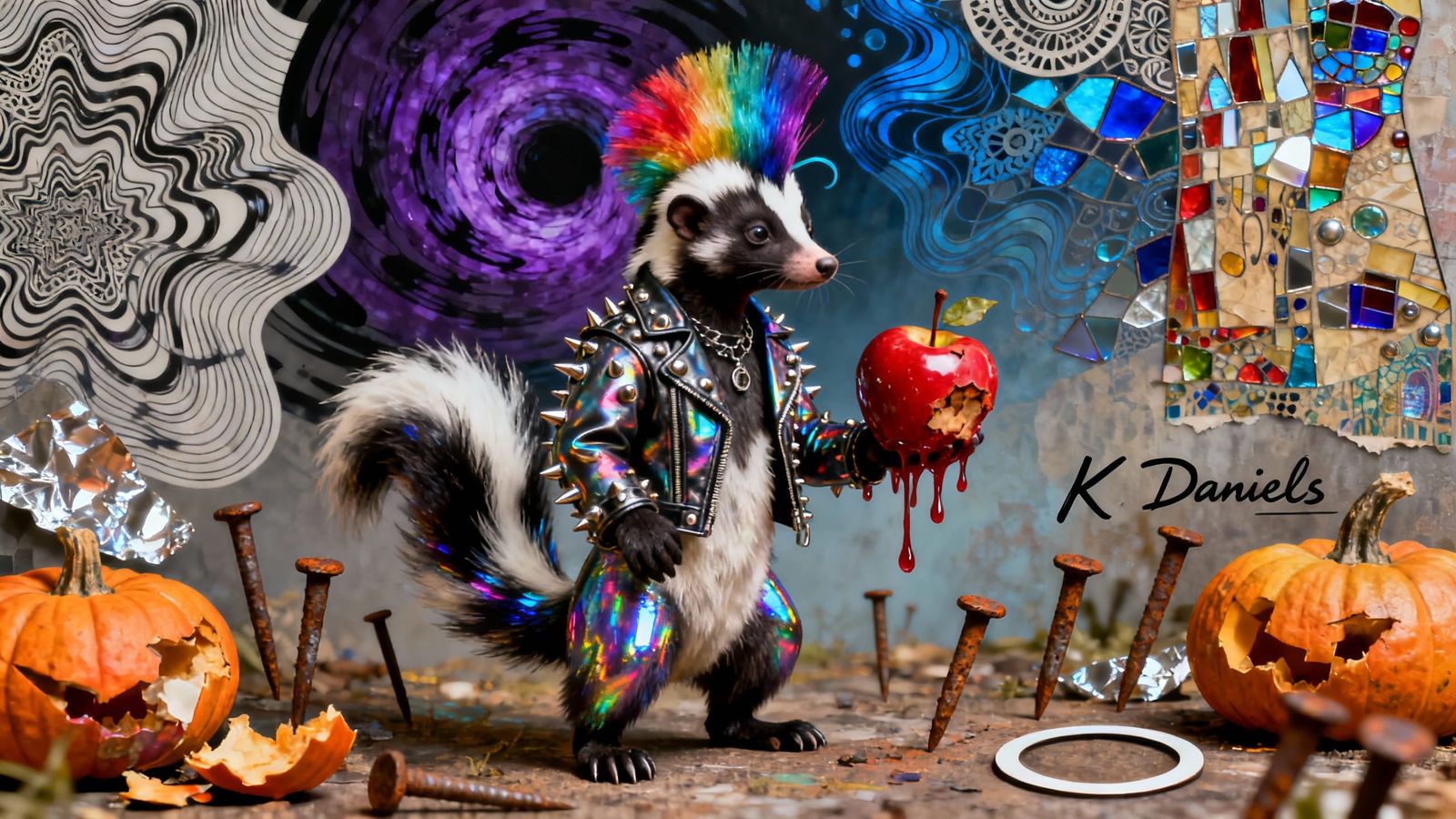 Punk Skunk with Rainbow Mohawk in Psychedelic Collage