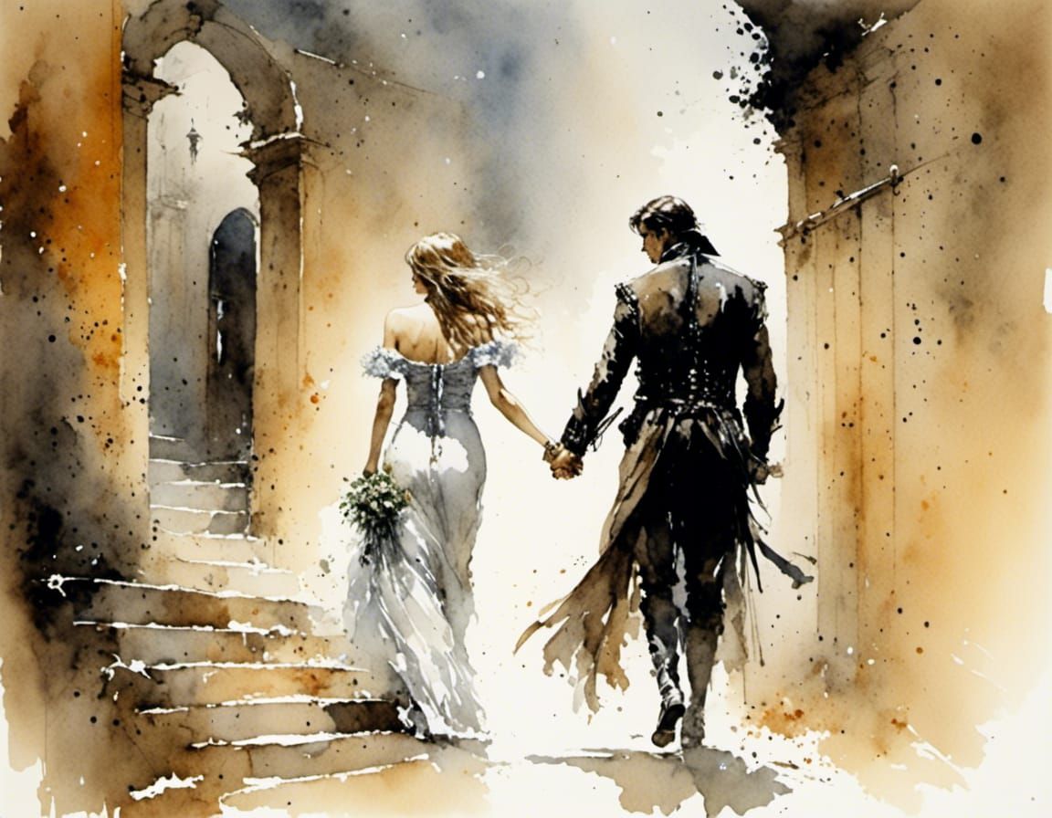 Woman Leads Man: Fantasy Watercolor Illustration