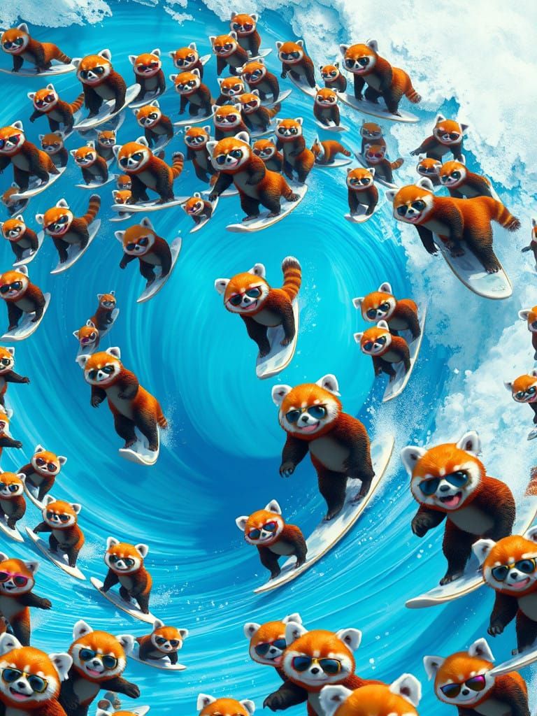 Vibrant Red Pandas Ride Gargantuan Sapphire-Blue Wave