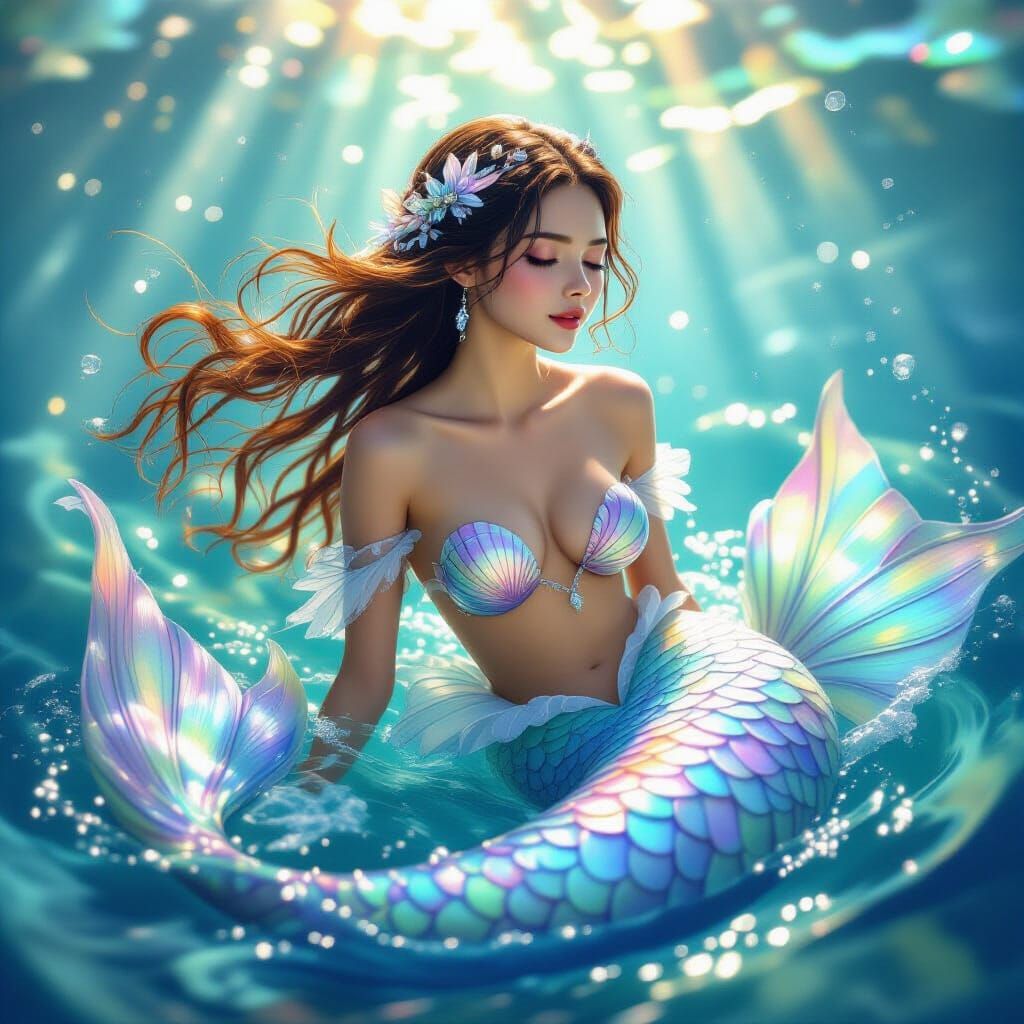 Iridescent Mermaid with Seahorse Tail in a Dreamy Dance