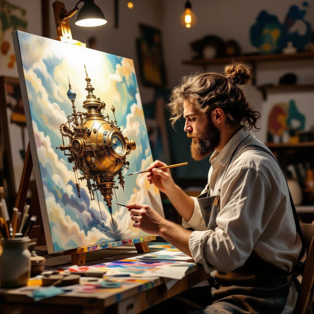 Steampunk Invention Emerges from Painter's Canvas in Gouache...