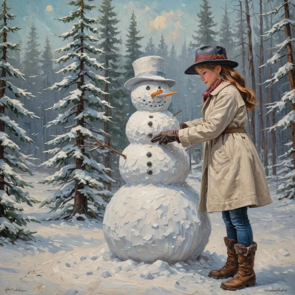 Girl Builds Snowman: Impasto Oil Painting