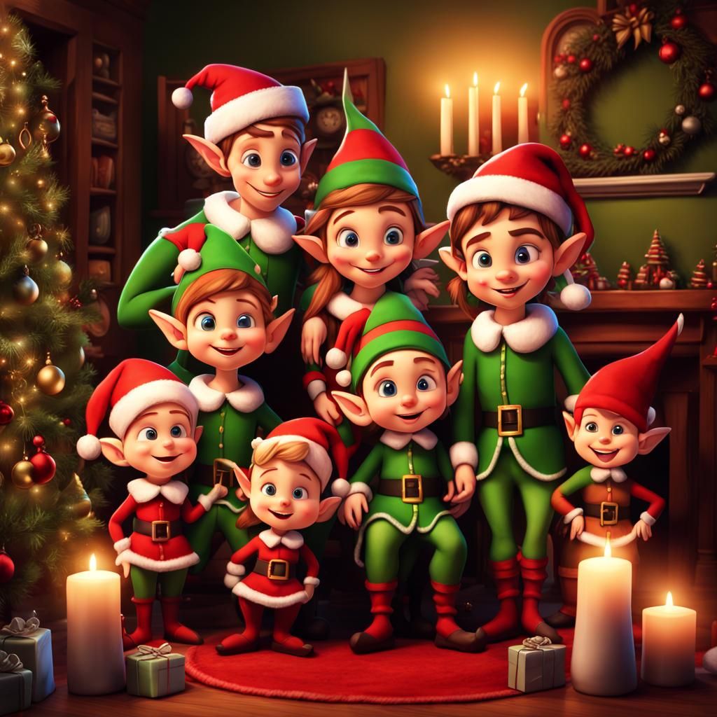 Cozy Christmas Elves Family Portrait in Pixar Style